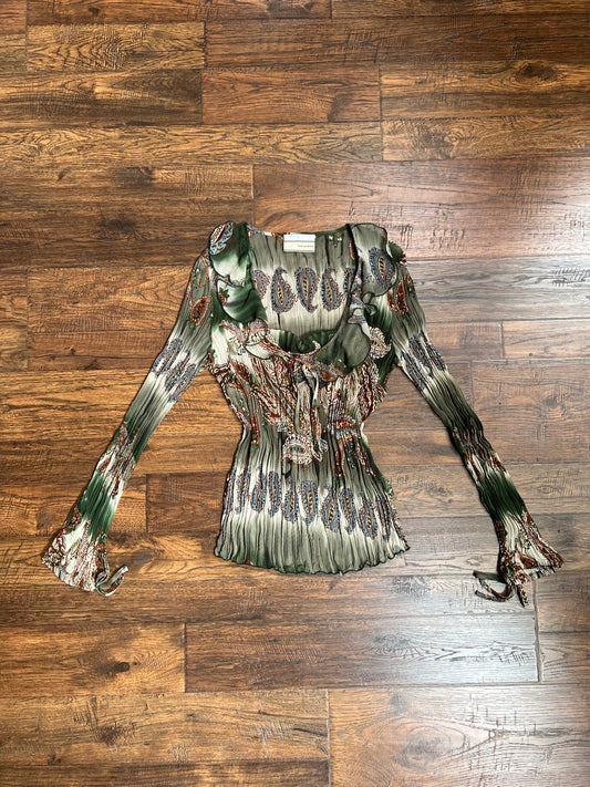 Vintage Clothing - Y2K Sheer Crinkle Blouse - Boho Green and Paisley Print - Medium - Carrie Allen