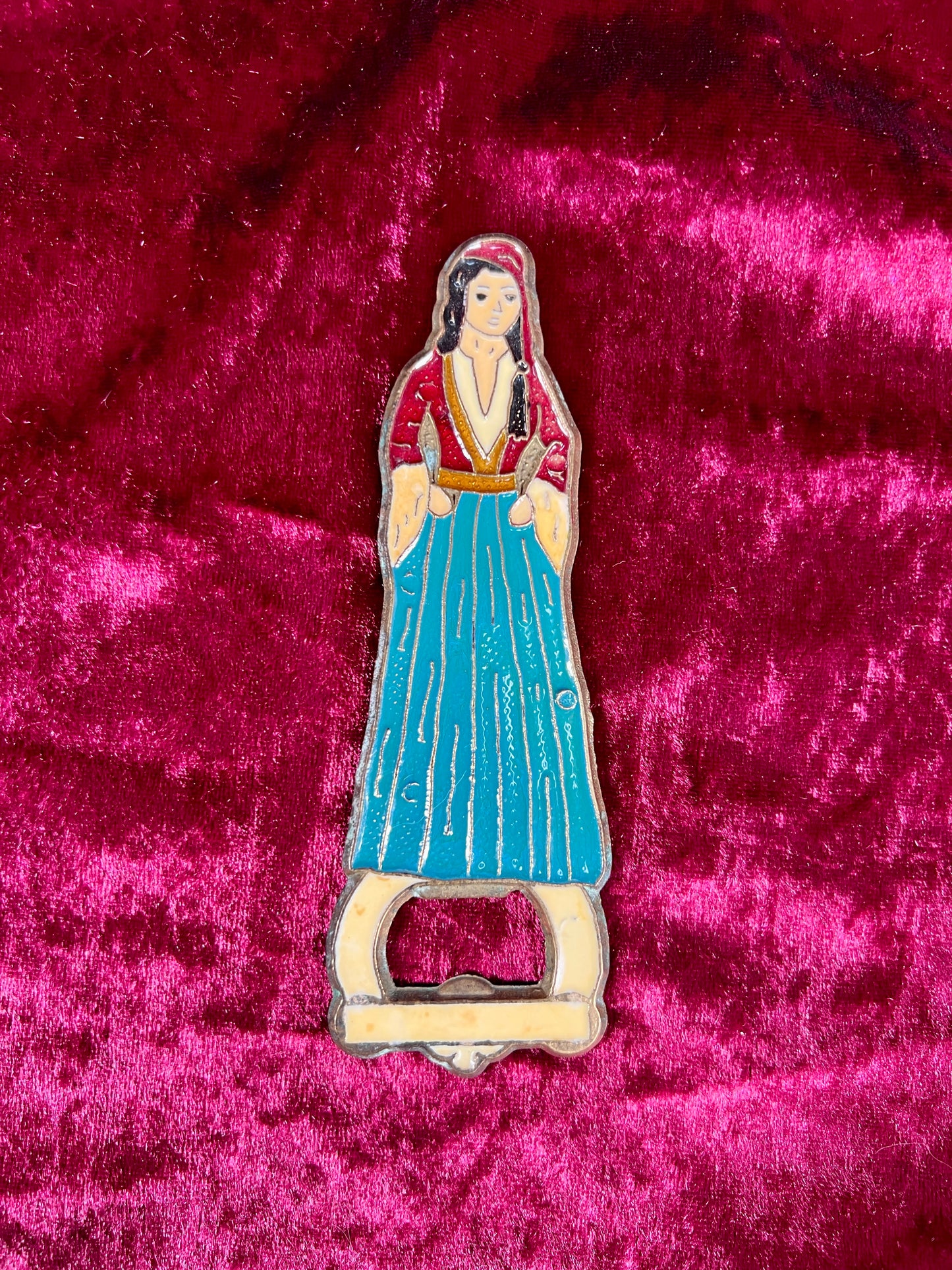 Vintage Barware - Brass and Enamel Bottle Opener - Grecian Lady - Made In Greece