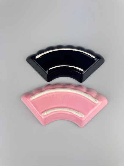 Vintage 1950s Pink & Black Fan Shape Trinket Dish Ashtrays - Set of 2