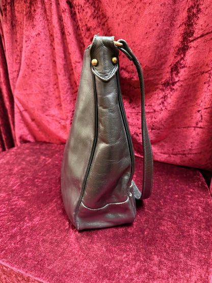 Vintage Accessories - Crossbody Hobo Bag - Black Leather with Brass Hardware