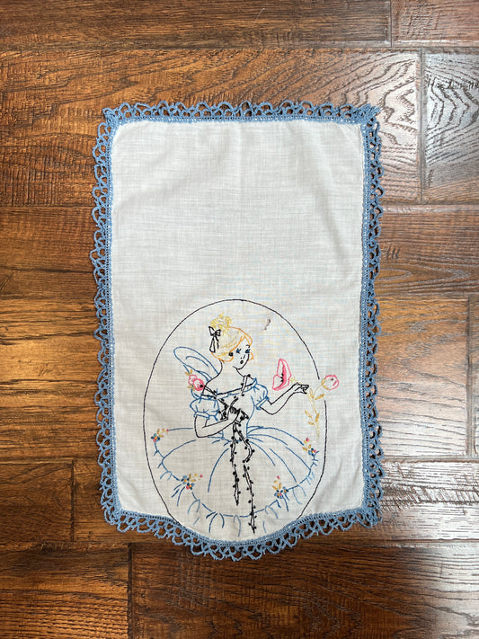 Vintage Linens - Embroidered Handkerchief - Rococo Lady Picking Flowers