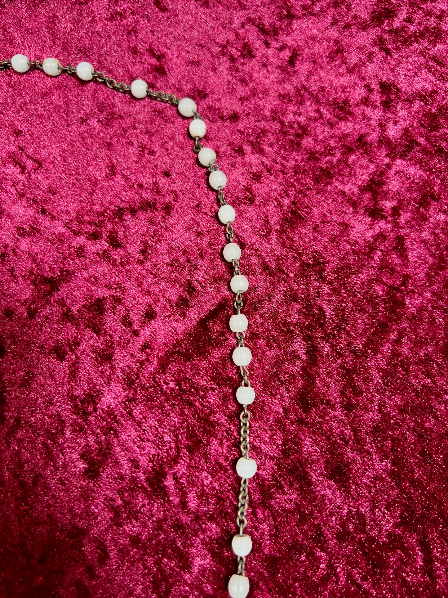 Vintage Jewelry - Italian Rosary - Shiny White Beads with Brass Tone Cross - 18"