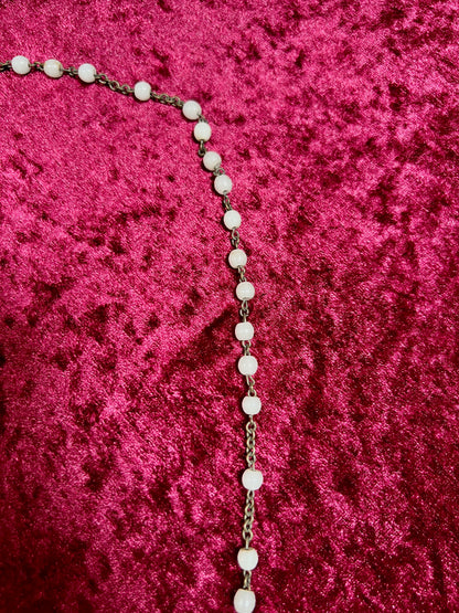 Vintage Jewelry - Italian Rosary - Shiny White Beads with Brass Tone Cross - 18"