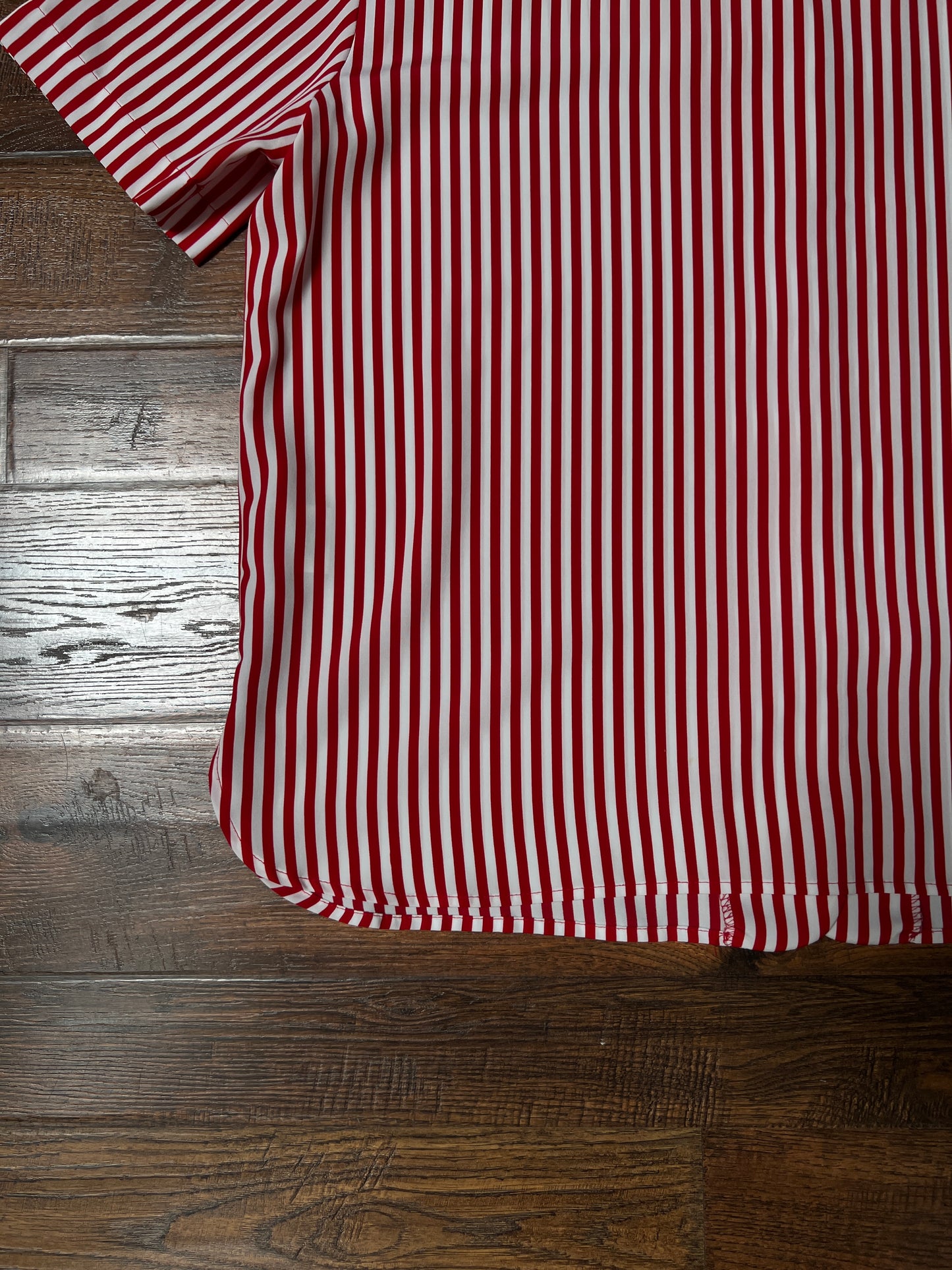 Vintage Liz Baker Petite Polyester Blouse – Red & White Striped Button Up – Large