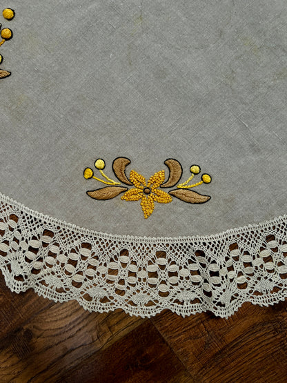 Vintage Circular Linen Table Cover - Harvest Yellow Embroidered Florals Crochet Lace Trim