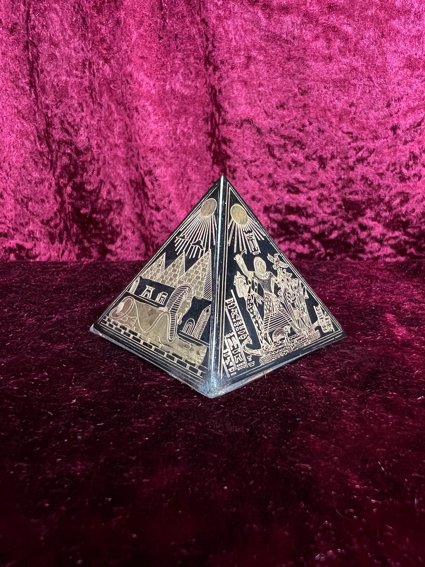 Vintage Metal Pyramid Paperweight - Gold Hieroglyphic Egyptian Souvenir