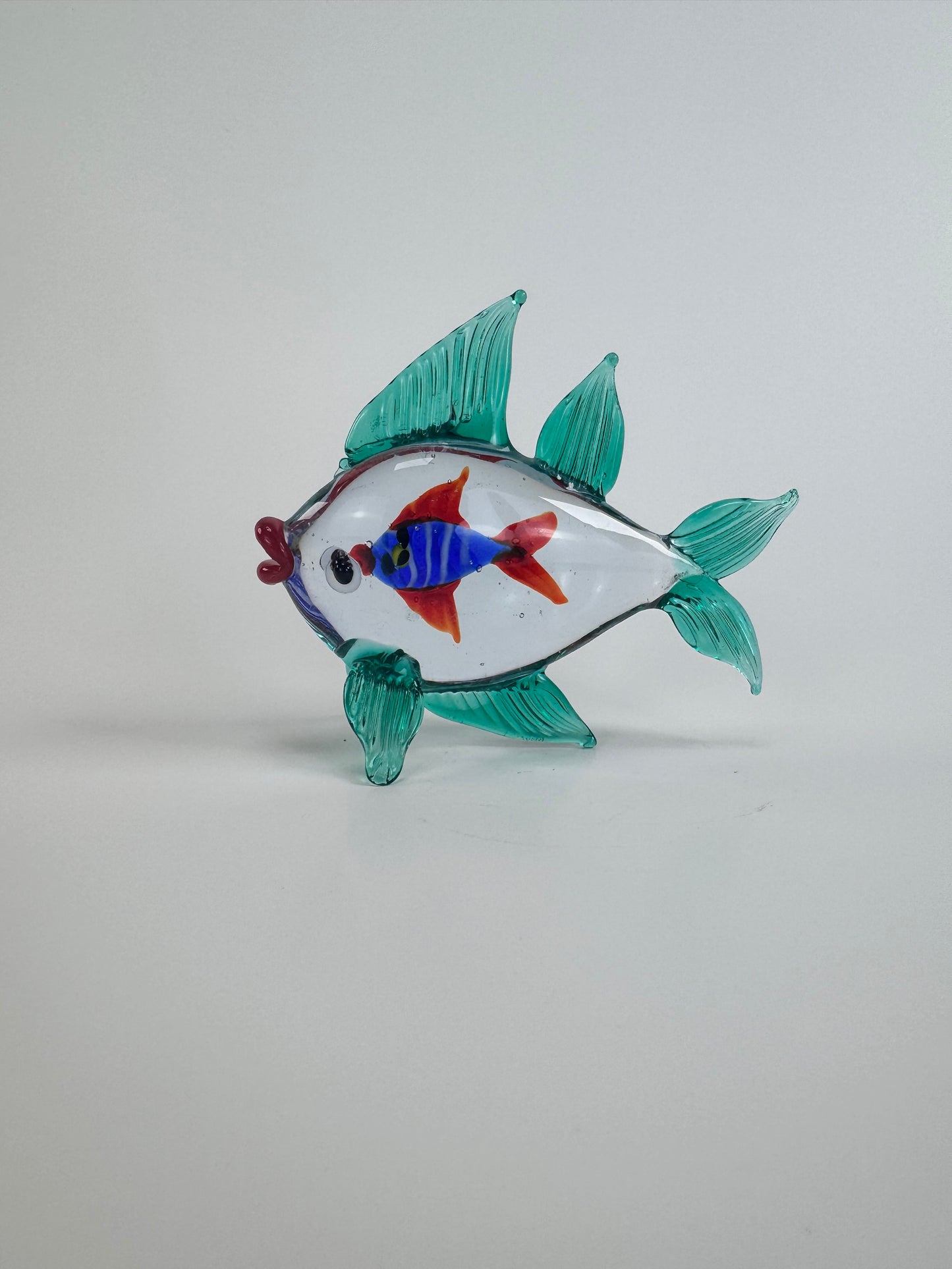 Teal & Clear Murano Style Glass Fish Sculpture - 3.25"