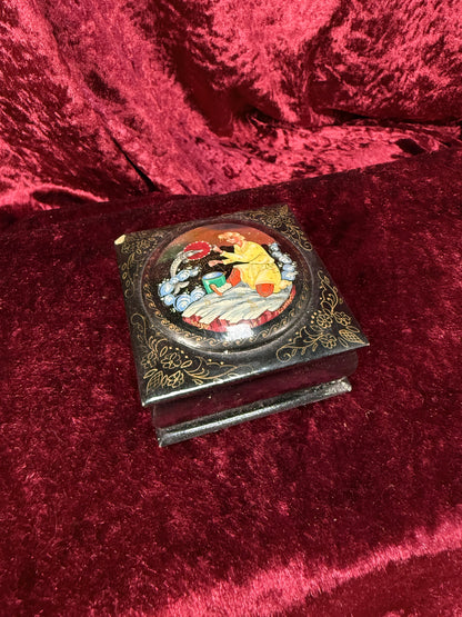 Vintage Lacquer Trinket Box with Hinged Lid – Man and Fish Fairytale Scene - Russian Kholui