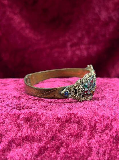 Vintage Jewelry - Hinged Bangle Bracelet - Multicolor Rhinestones in Ornate Brass Setting