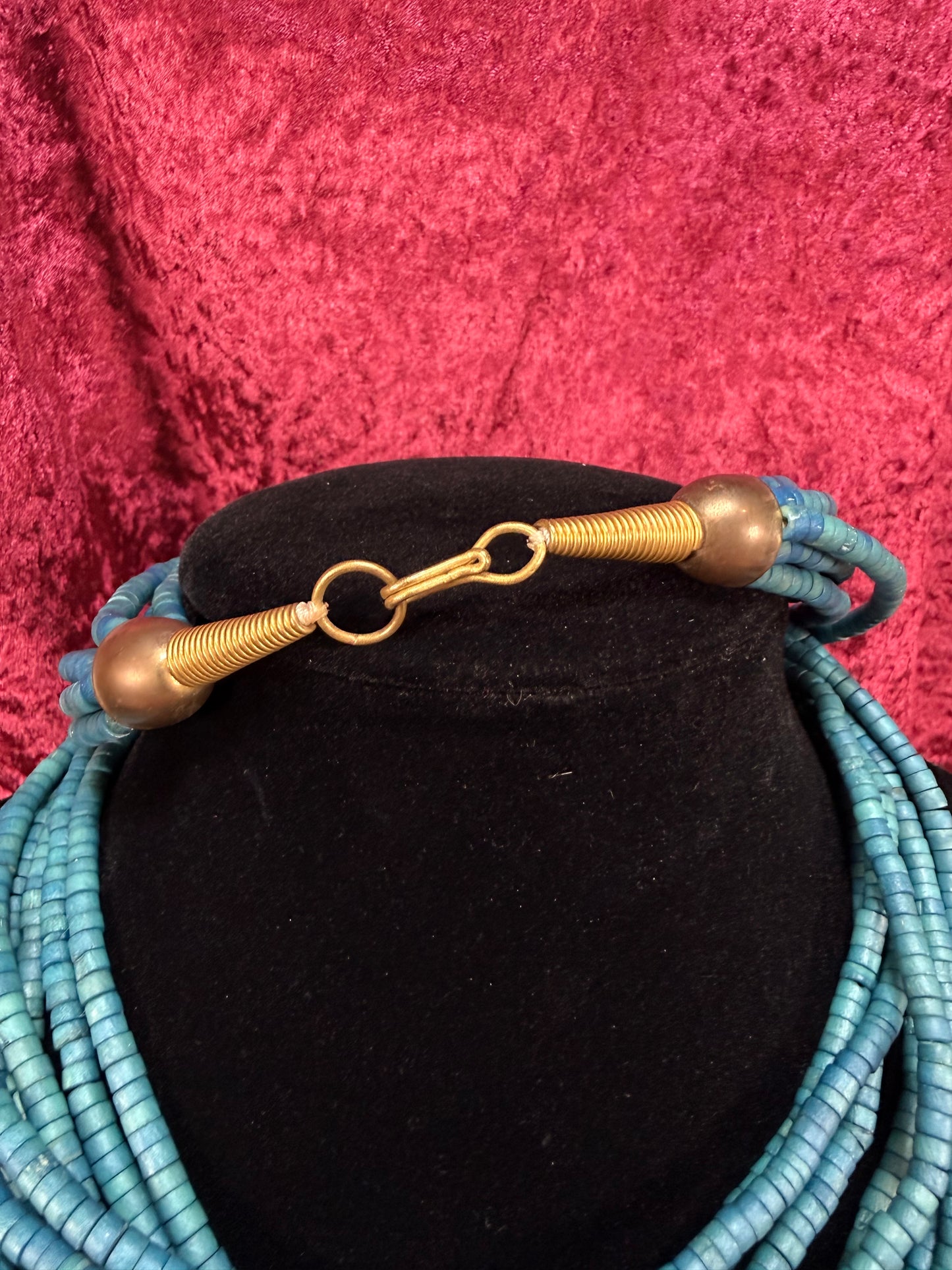 Vintage Puka Shell Necklace – Eight Strand Turquoise Tone Layered Collar