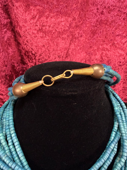 Vintage Puka Shell Necklace – Eight Strand Turquoise Tone Layered Collar