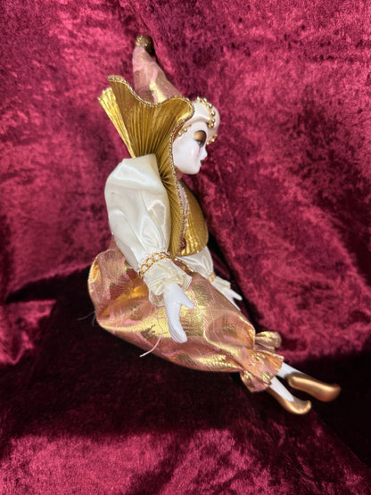 Vintage Porcelain Harlequin Doll – Gold Ruffled Collar Pierrot Figure