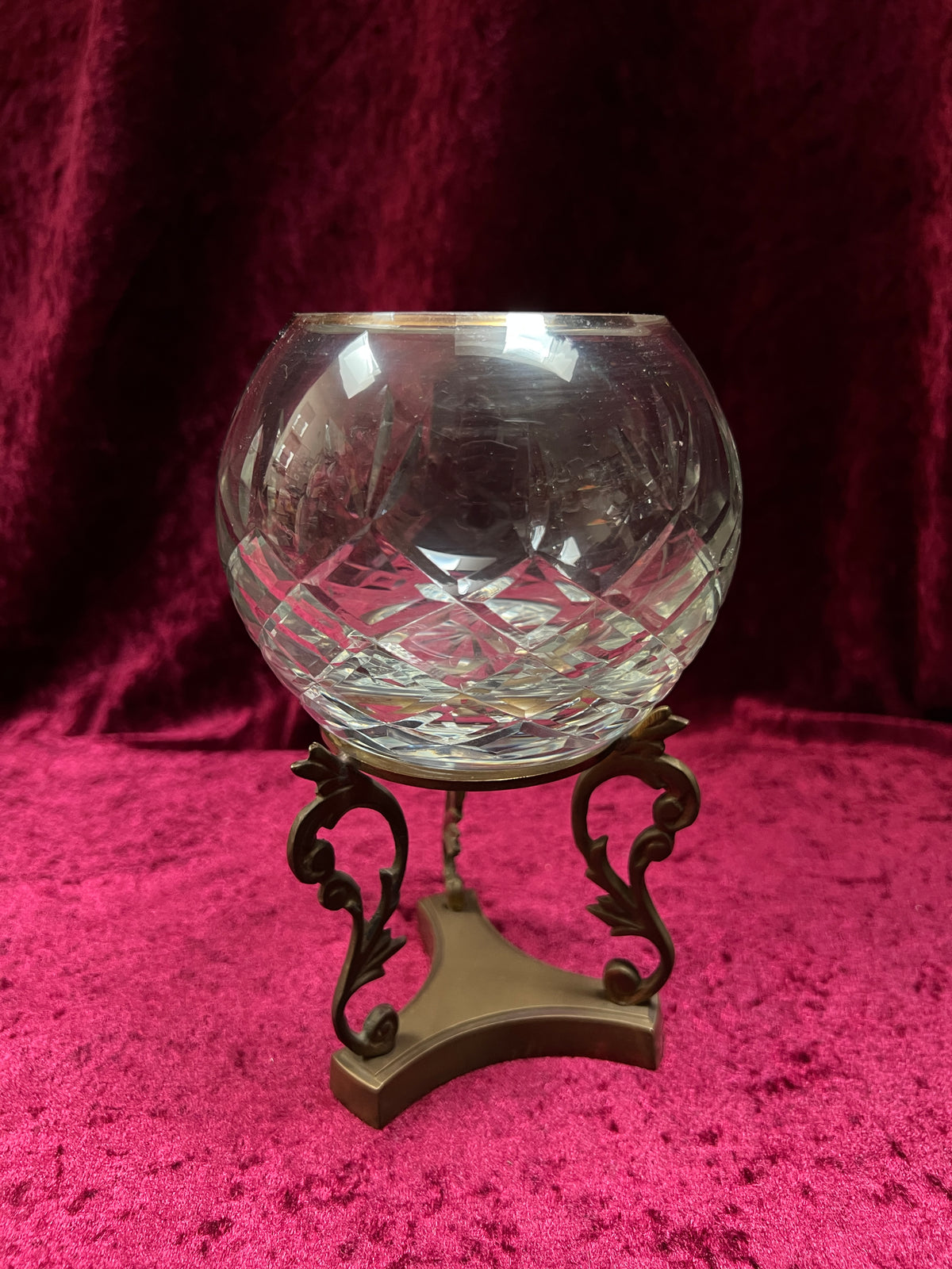 Vintage Cut Crystal Candle Holder - Rose Globe on Ornate Brass Pedestal Stand