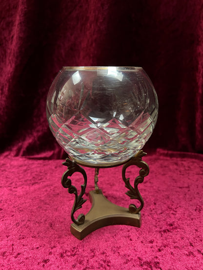 Vintage Cut Crystal Candle Holder - Rose Globe on Ornate Brass Pedestal Stand