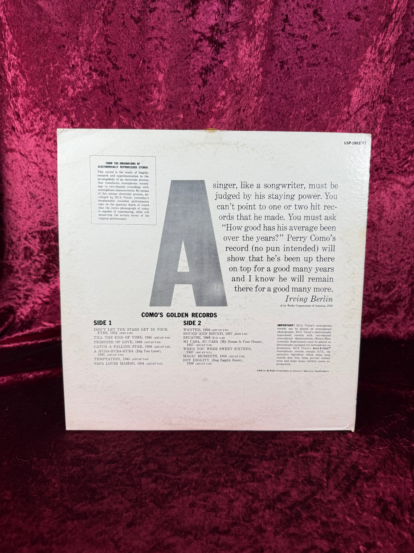 Vintage 12" Vinyl Record - Perry Como - Como's Golden Records - RCA Records - 1958