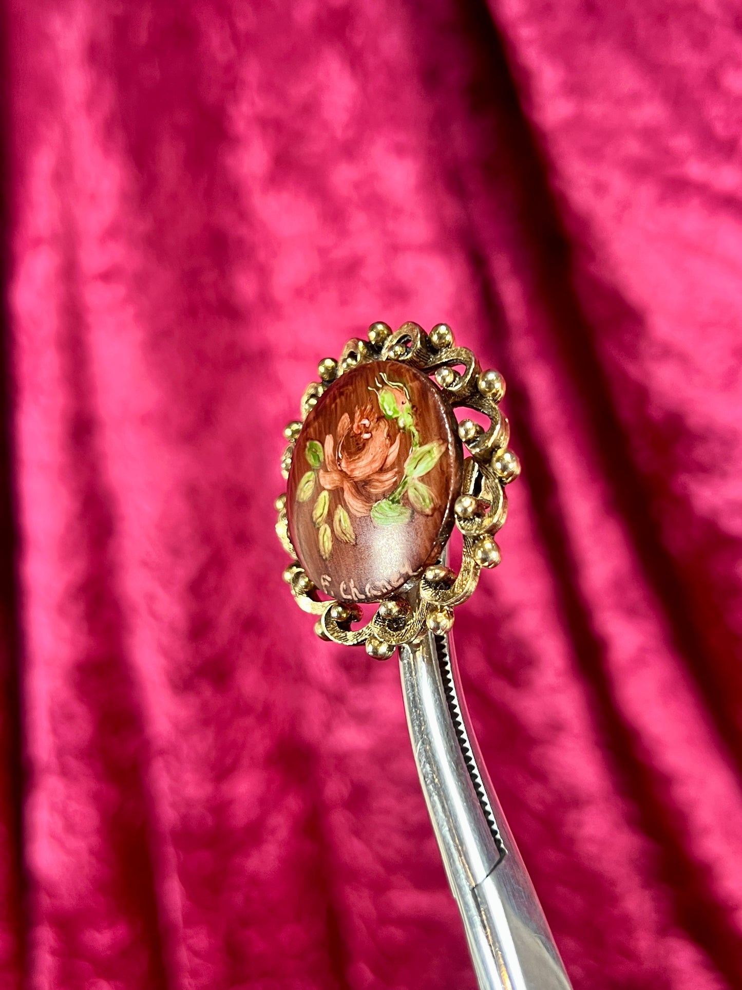 Vintage Jewelry - Brooch - Hand Painted Rose on Gold Tone Frame - F. Chaney