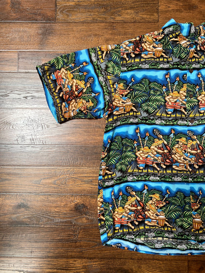 Vintage Clothing - Short Sleeve Button Up Hawaiian Shirt - Tropical Party Scene - Dietrich Varez - Reyn Spooner - Medium