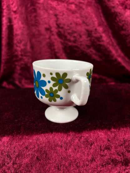 Vintage 1970s Pedestal Mug & Saucer Mismatched Set - Groovy Blue Green Daisies