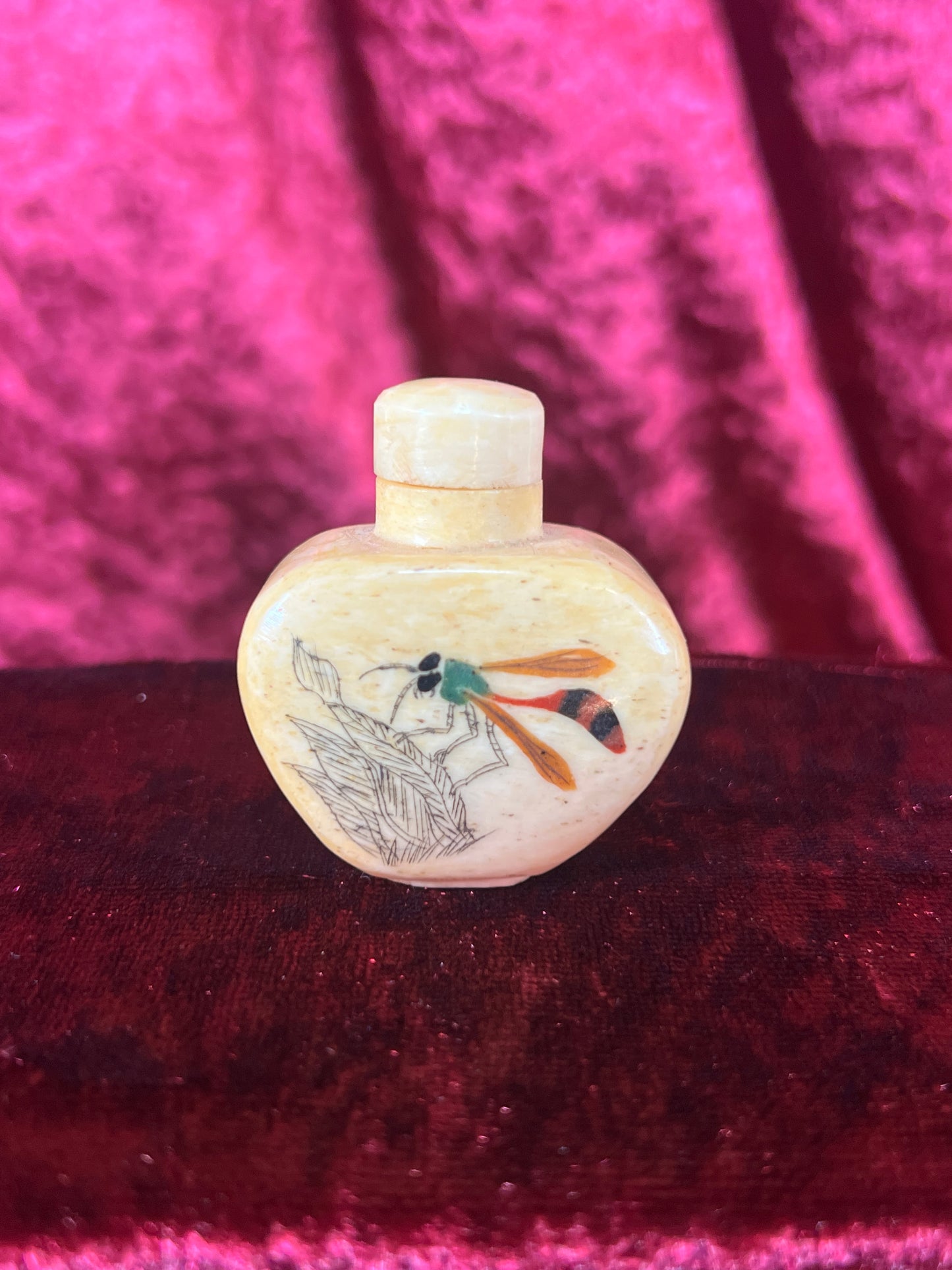 Vintage Curiosities - Antique Snuff Bottle - Bone - Inlaid Dragonfly - 1.75”