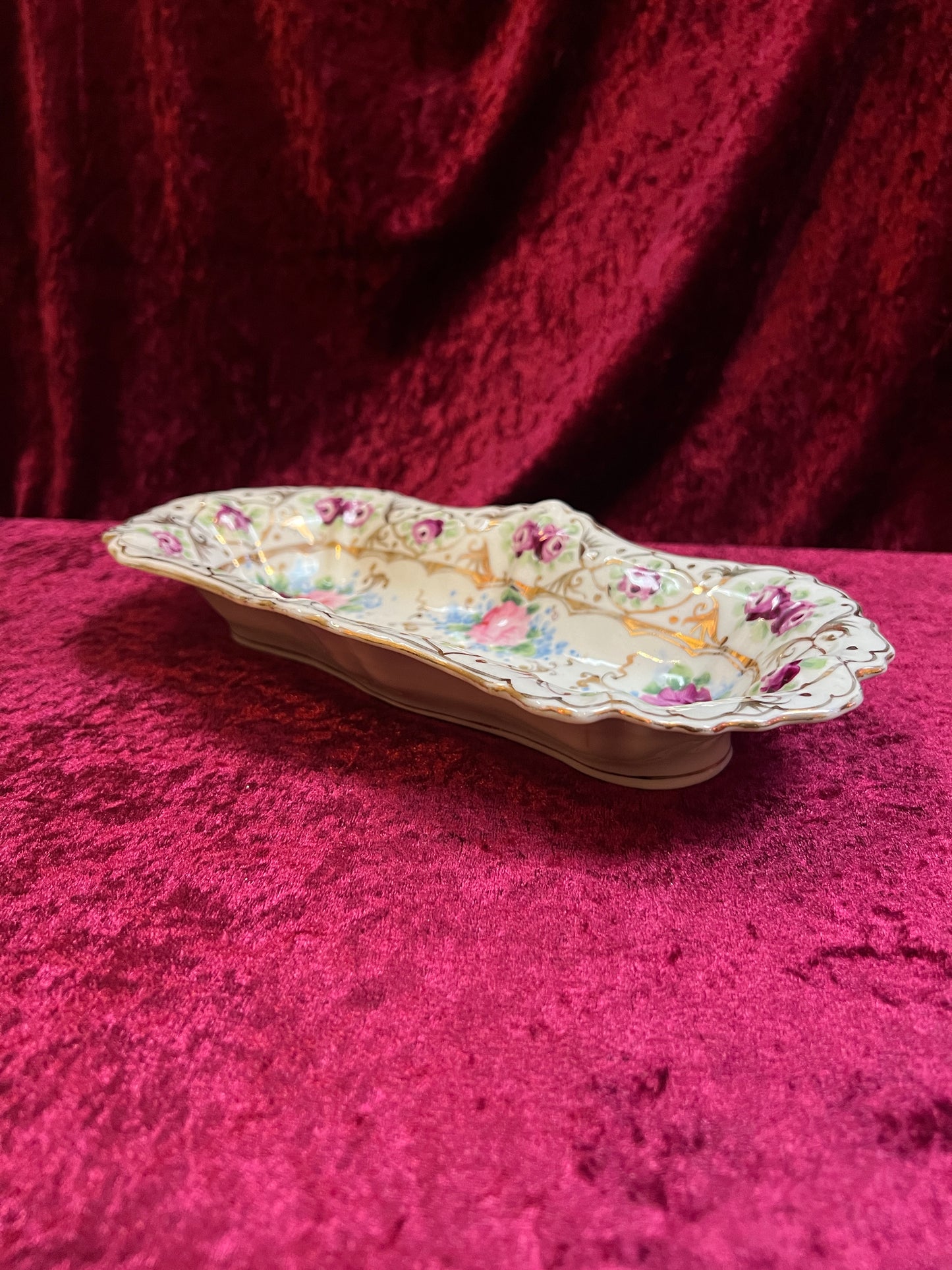 Vintage Trinket Dish - Hand Painted Porcelain - Pink and Purple English Roses - Noritake