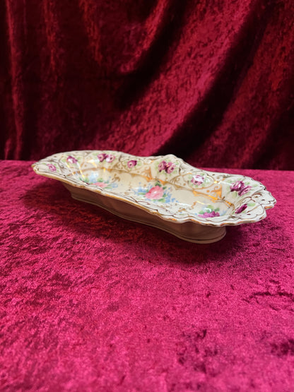 Vintage Trinket Dish - Hand Painted Porcelain - Pink and Purple English Roses - Noritake