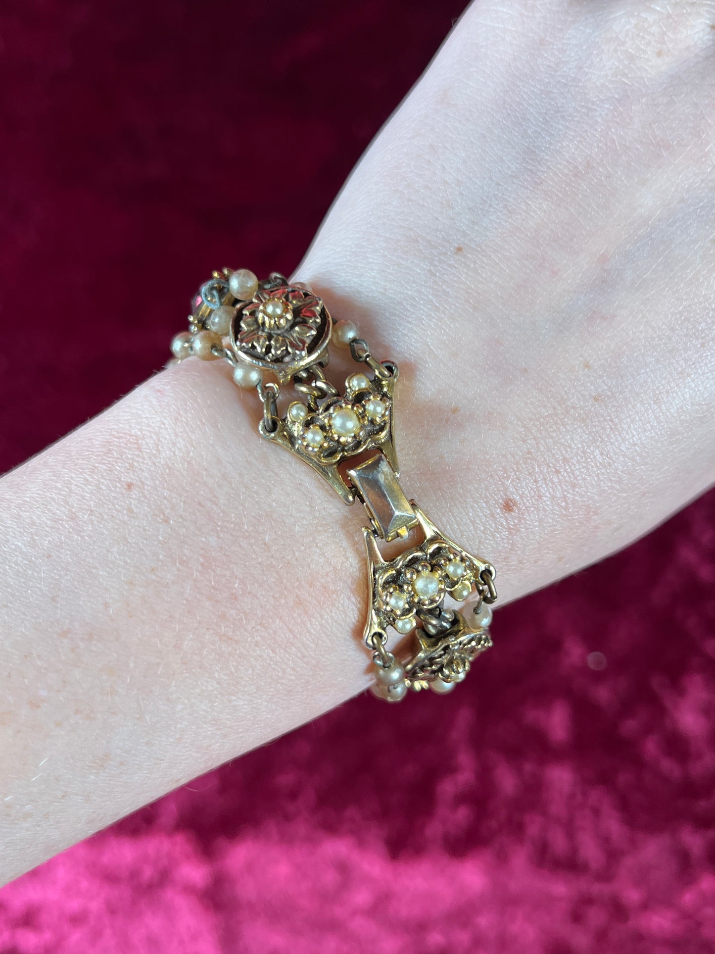 Vintage Jewelry - 3-Strand Charm Bracelet - Gold Tone - Multicolor Rhinestones - Goldette NY