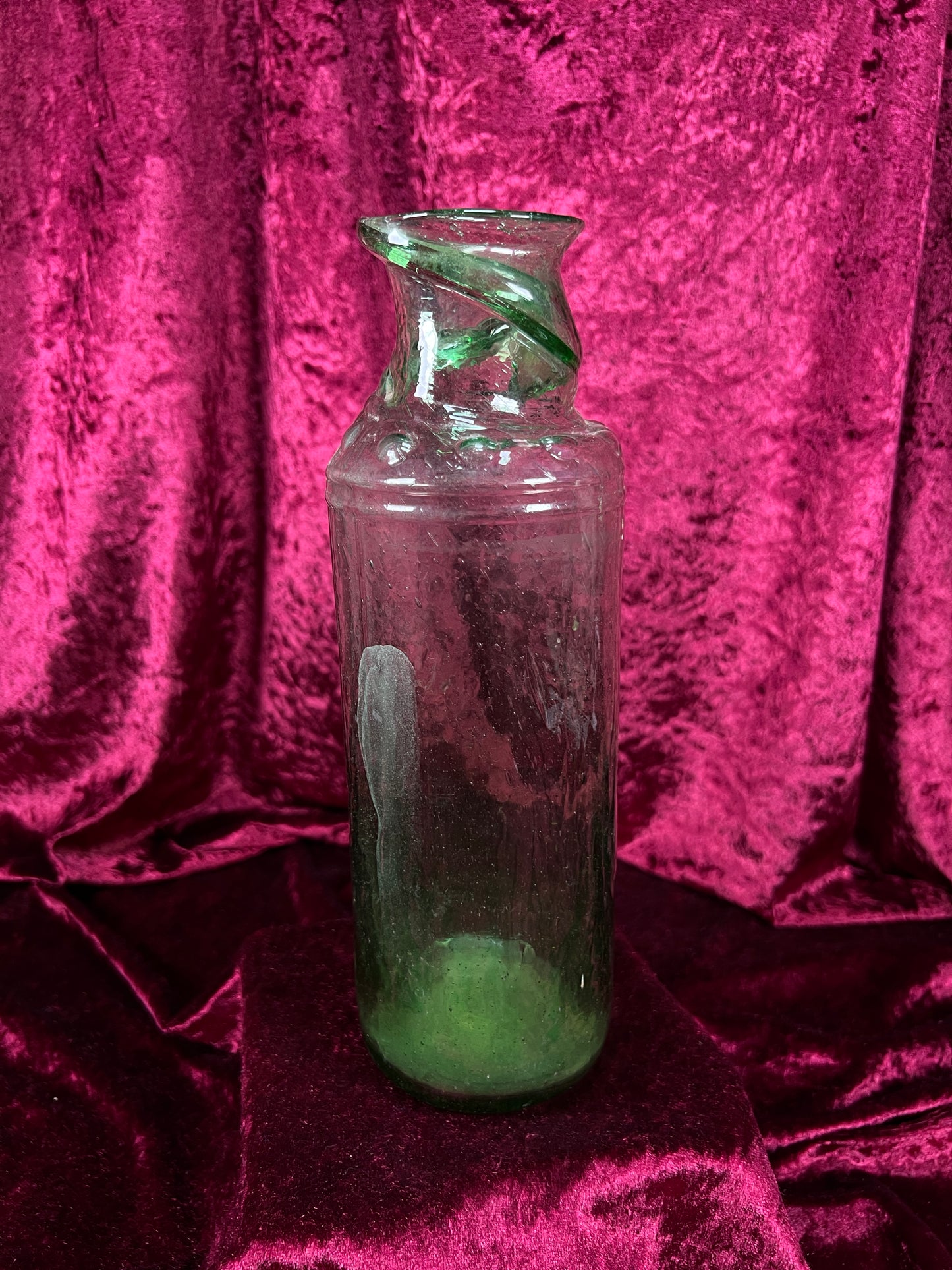 Vintage Hand Blown Green Glass Bottle - Twisted Rim Open Mouth Vase