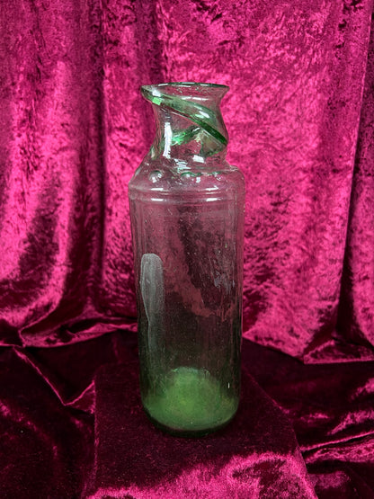 Vintage Hand Blown Green Glass Bottle - Twisted Rim Open Mouth Vase