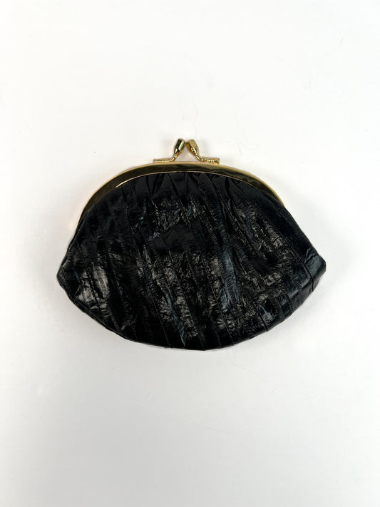 Vintage Wallet - Genuine Eel Skin Coin Purse - Ink Black - Kiss Lock Closure -Made In Korea