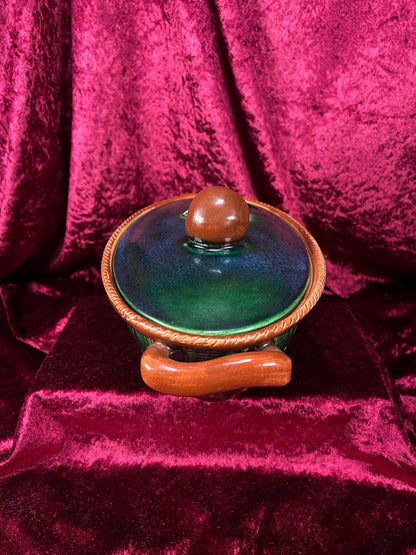 Vintage Ceramic Covered Casserole Dish - Majolica Mushroom Lid Basketweave Belgium Tellurite