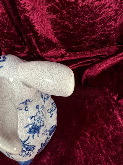 Vintage Ceramic Rabbit Figurine - Blue and White Floral Crackle Finish - Baum Bros