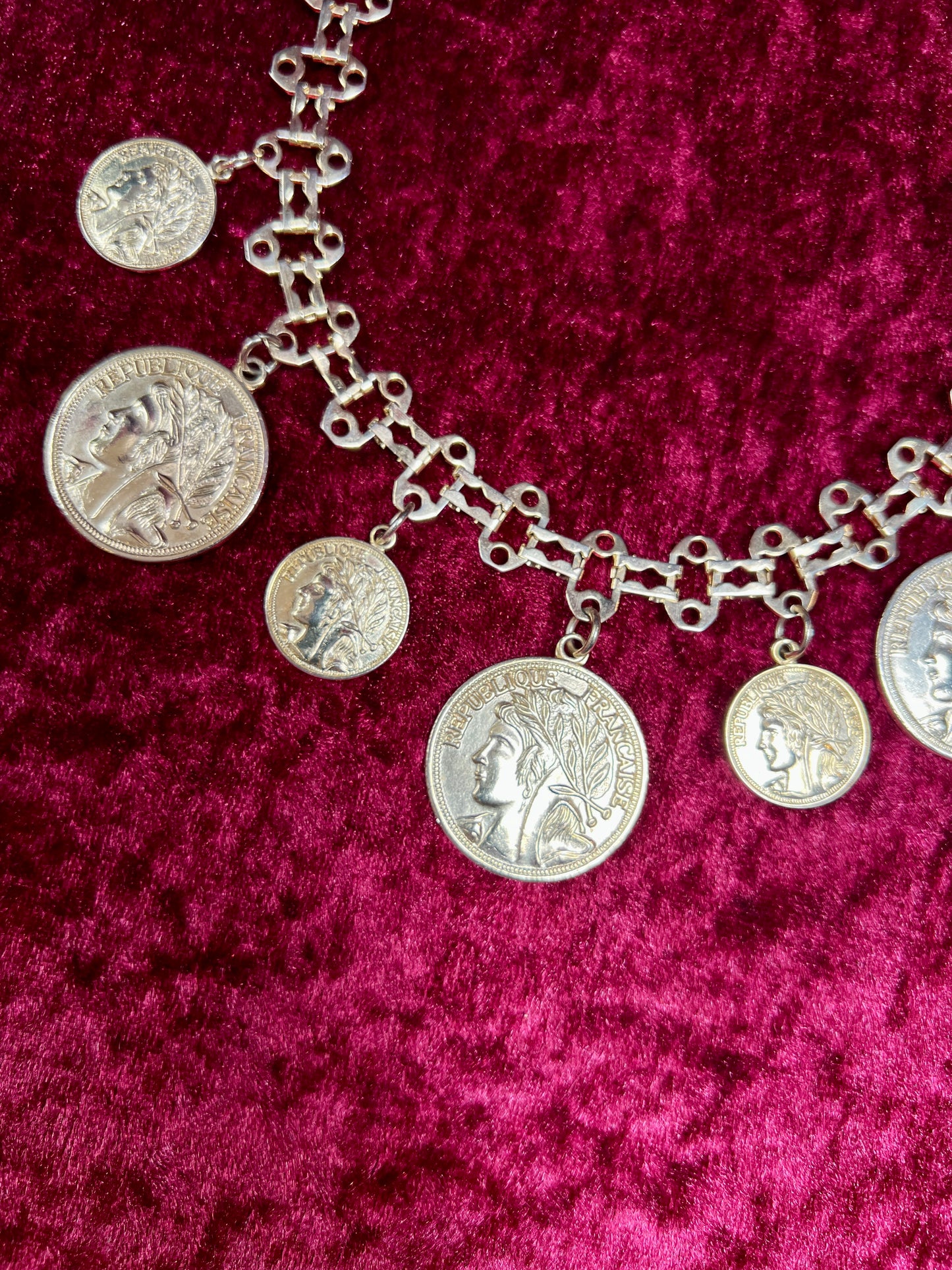 Vintage Jewelry - Reversible Necklace - Gold Tone Republique Francaise Coins - 17.5"