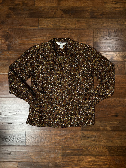Vintage FY2 100% Silk Blouse - Brown Cheetah Animal Print Button Front - Size Medium