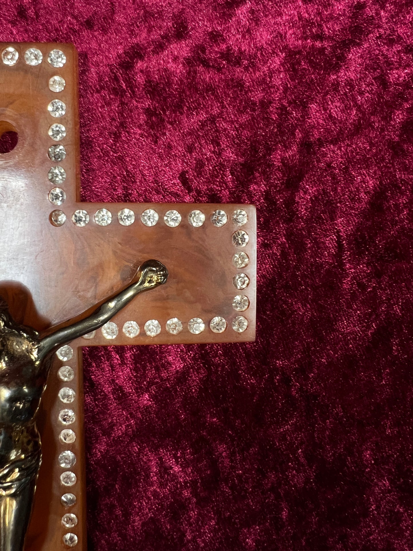 Vintage Bakelite Crucifix Cross - Butterscotch Swirl Rhinestone Religious Wall Hanging
