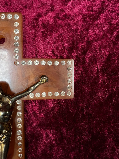 Vintage Bakelite Crucifix Cross - Butterscotch Swirl Rhinestone Religious Wall Hanging