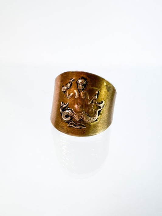 Vintage Ring - 1970s Adjustable Brass Zodiac Ring - Aquarius