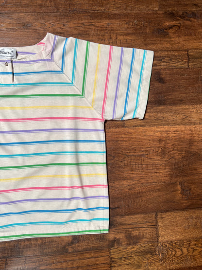 Vintage Clothing - Relaxed Fit T-Shirt - Multicolor Pastel Horizontal Stripes - Partners II - Large