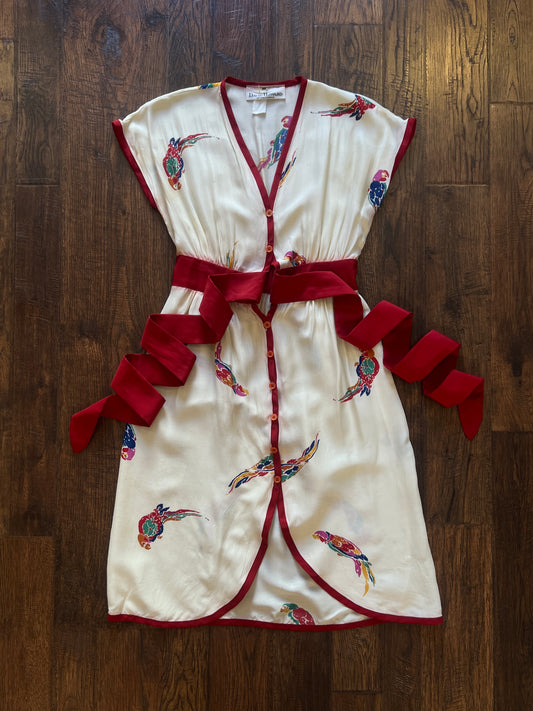 Vintage Tie Waist Above Knee Dress - Parrot Print by David Howard of California - Small
