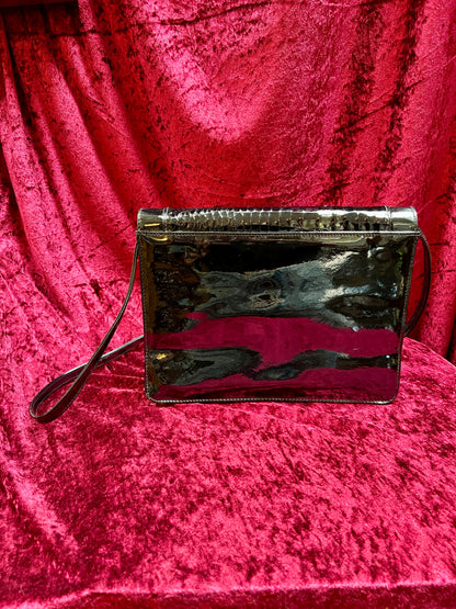 Vintage Accessories - Convertible Purse - Black Faux Patent Leather - Crocodile Skin Flap - Tandem Bags of California