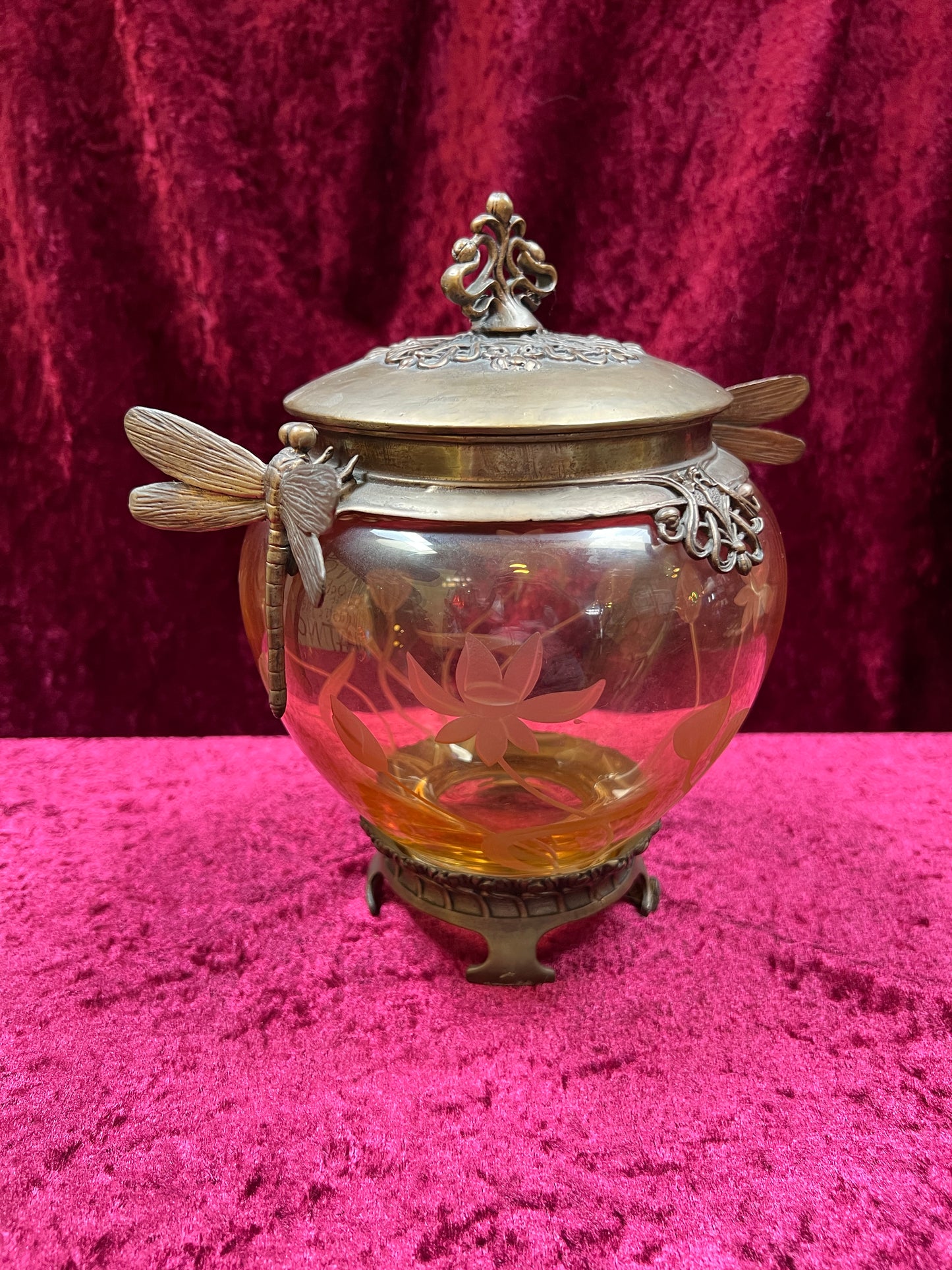 Vintage Oddities - Antique Art Nouveau Opium Jar - Etched Amber Glass - Castilian Poland