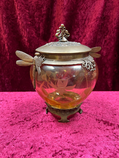Vintage Oddities - Antique Art Nouveau Opium Jar - Etched Amber Glass - Castilian Poland