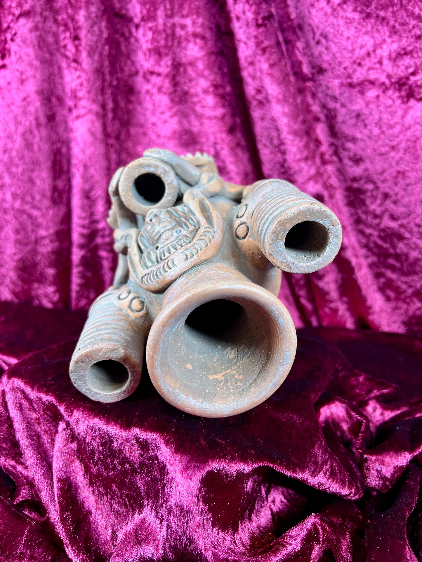 Vintage Oddities - Altar Candelabra - Red Clay Mayan / Aztec Deity Effigy