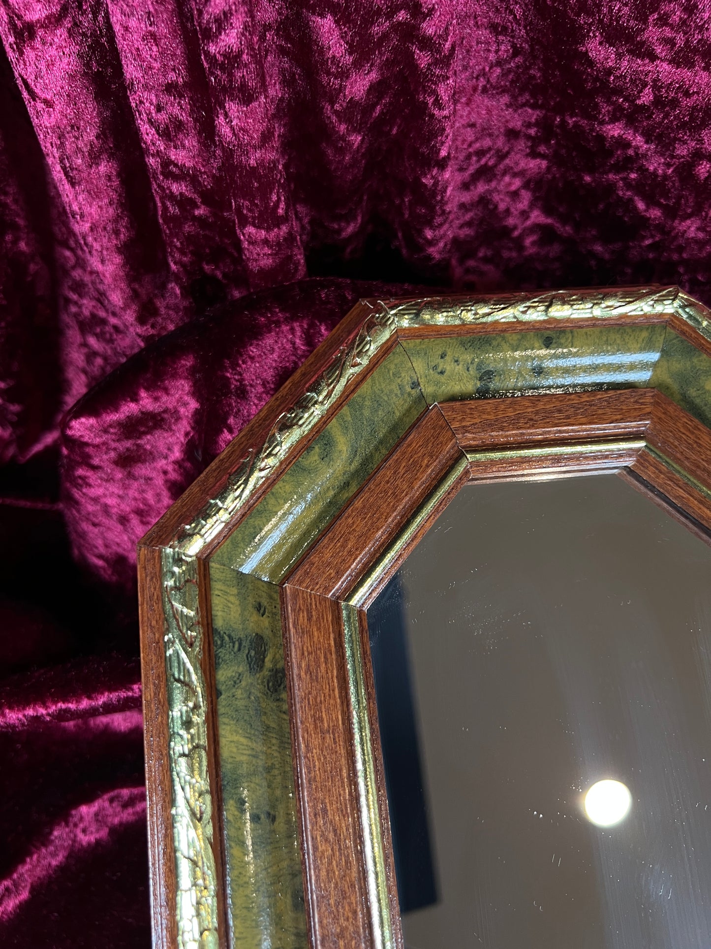 Vintage Wood Wall Mirror - Octagonal Faux Burlwood Accent Frame