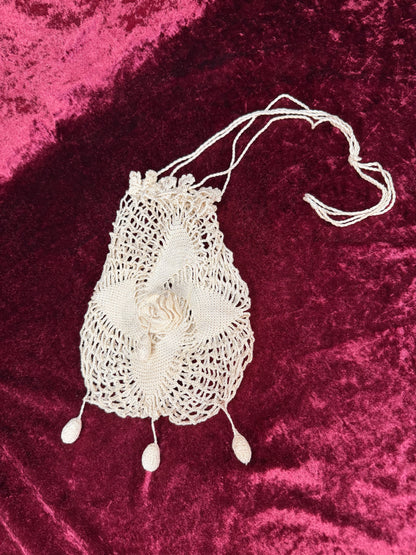 Vintage Crochet Lace Handbag – Floral Drawstring Reticule Style