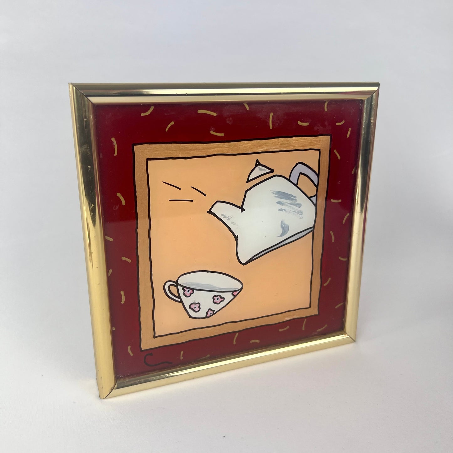 Vintage 1990s Memphis Style Brass Framed Art - Teapot and Cup