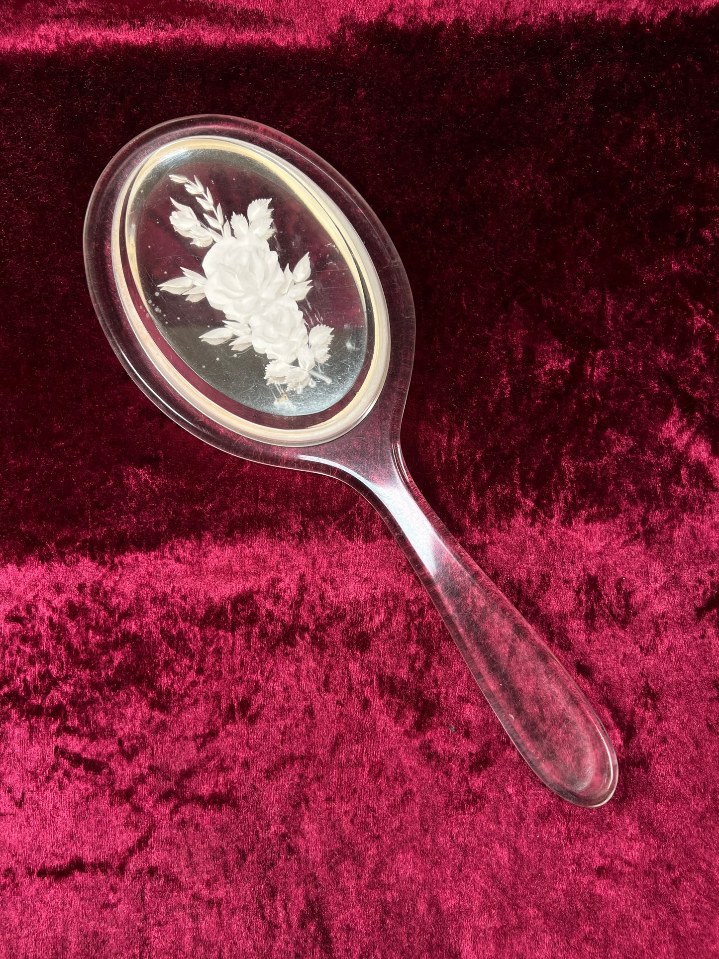 Vintage Lucite Hand Mirror - Reverse Carved Rose Bouquet Vanity Mirror