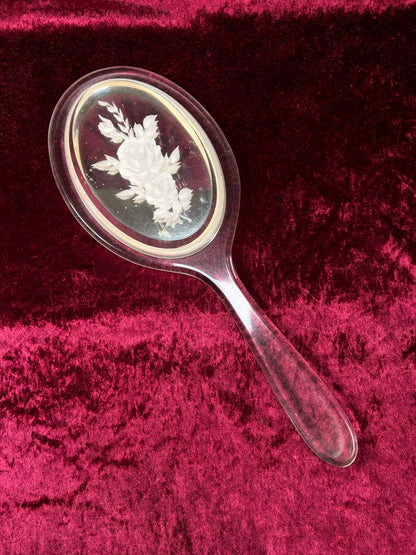 Vintage Lucite Hand Mirror - Reverse Carved Rose Bouquet Vanity Mirror