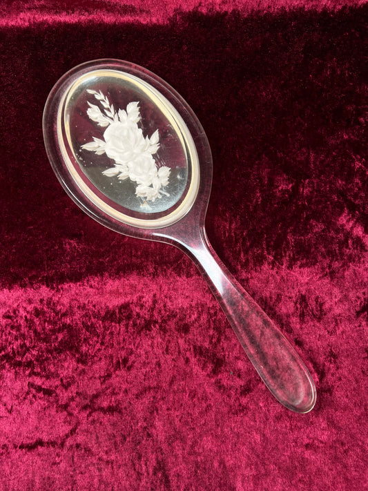 Vintage Lucite Hand Mirror - Reverse Carved Rose Bouquet Vanity Mirror