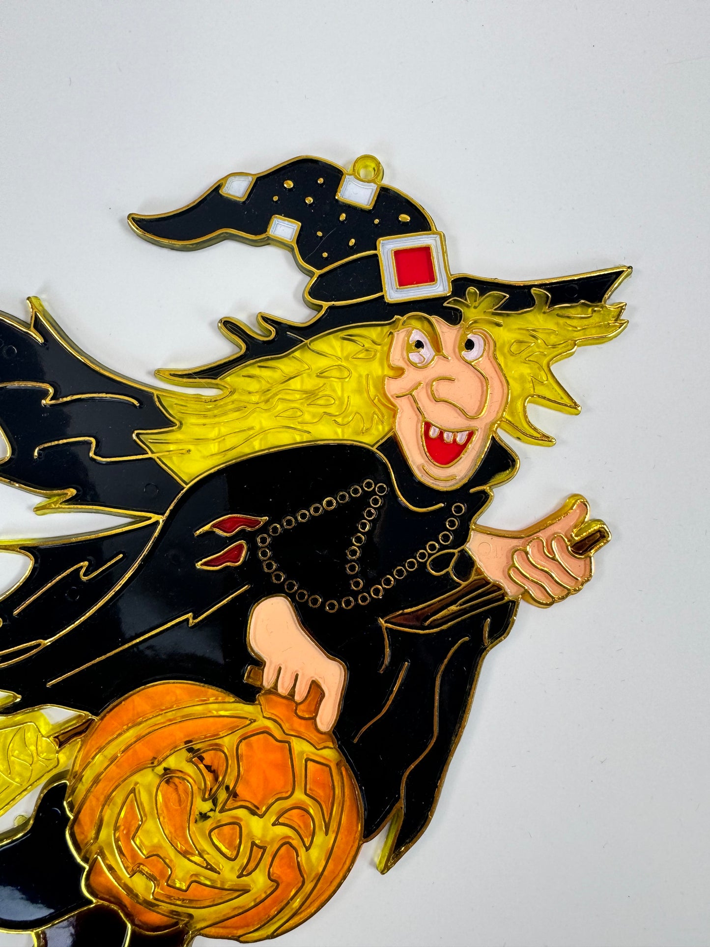 Vintage Halloween Decoration - Plastic Window Suncatcher - Witch and Jack-o-Lantern