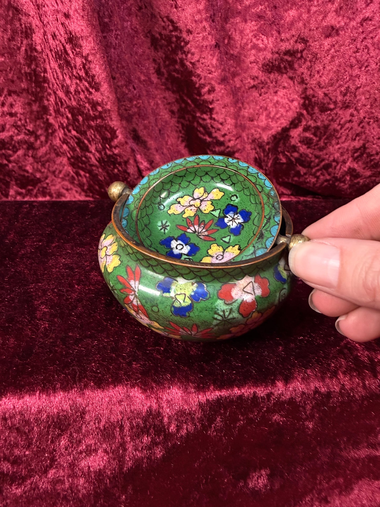 Vintage Chinese Cloisonne Enamel Brass Flip Top Ashtray – Floral Pattern - Incense Burner